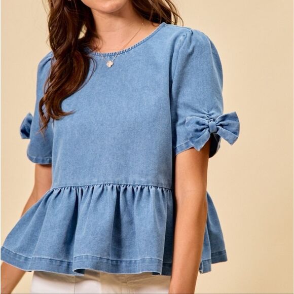 SO ME Denim Bow Cuff Short Puff Sleeves Denim Peplum Top sz Small - Picture 8 of 11